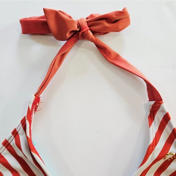 Guess Y2K Vintage Red Stripped Halter Plunge Neck One Piece Bathing Swim Suit XS - Picture 6 of 9